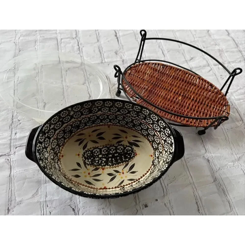 Temptations Presentable Ovenwear 1.5 QT Baking Dish Green Old World Floral 3Pc